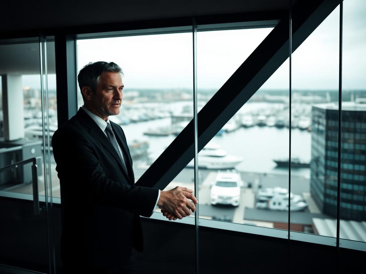 Executives meeting in an office overlooking a commercial port