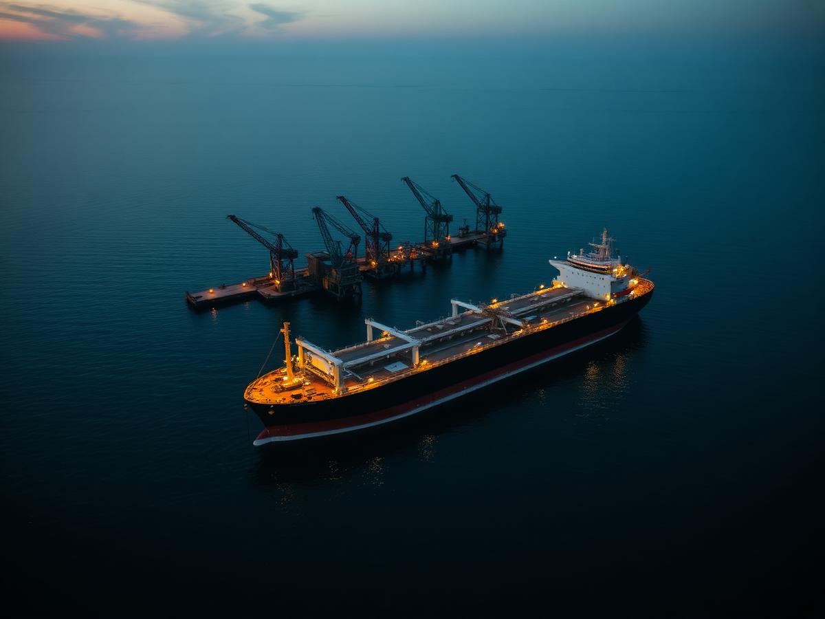 Tanker vessel berthed at an energy export terminal at twilight
